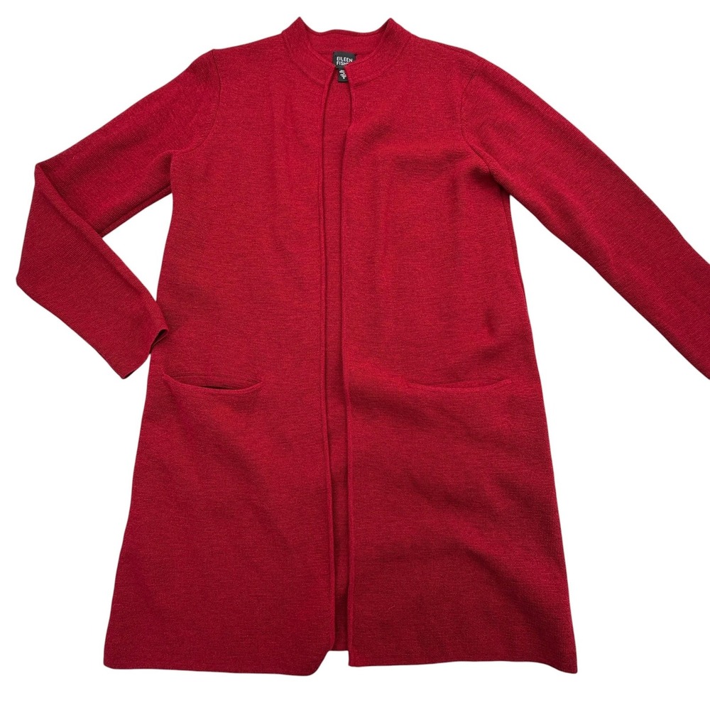 Eileen Fisher Sweater Cardigan Womens Small Red Mock Neck Pockets Open Wool